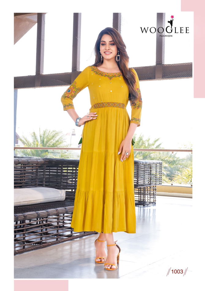 Wooglee Nirja Embroidery Long Party Wear Kurtis Catalog
